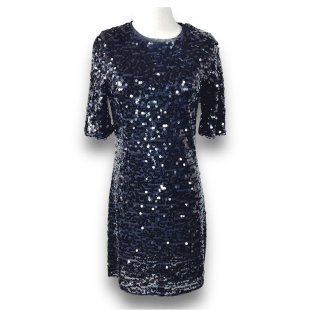 Amor & Psyche Black Sequin Sheath Dress Short Sleeve Small